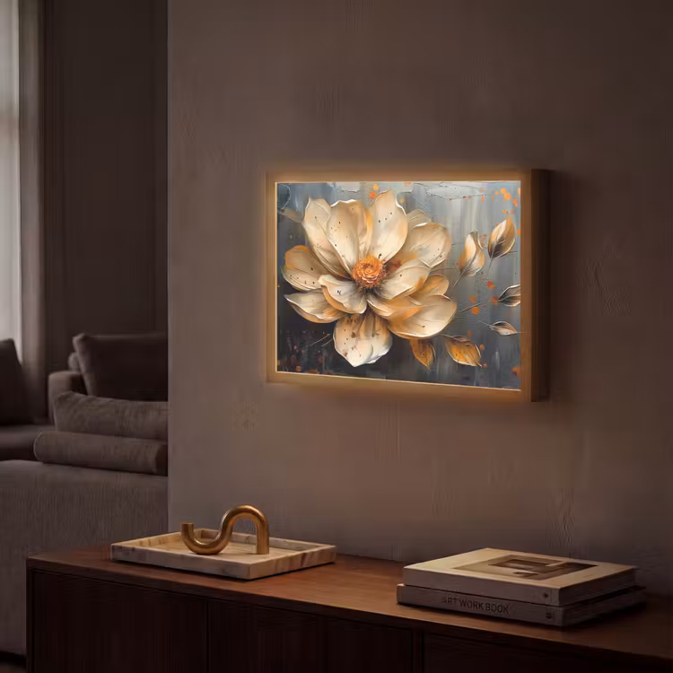 Bloemen - Goud - Kunst - Zwart - Modern Light Box met batterij (Wandlamp) middel -sfeer1