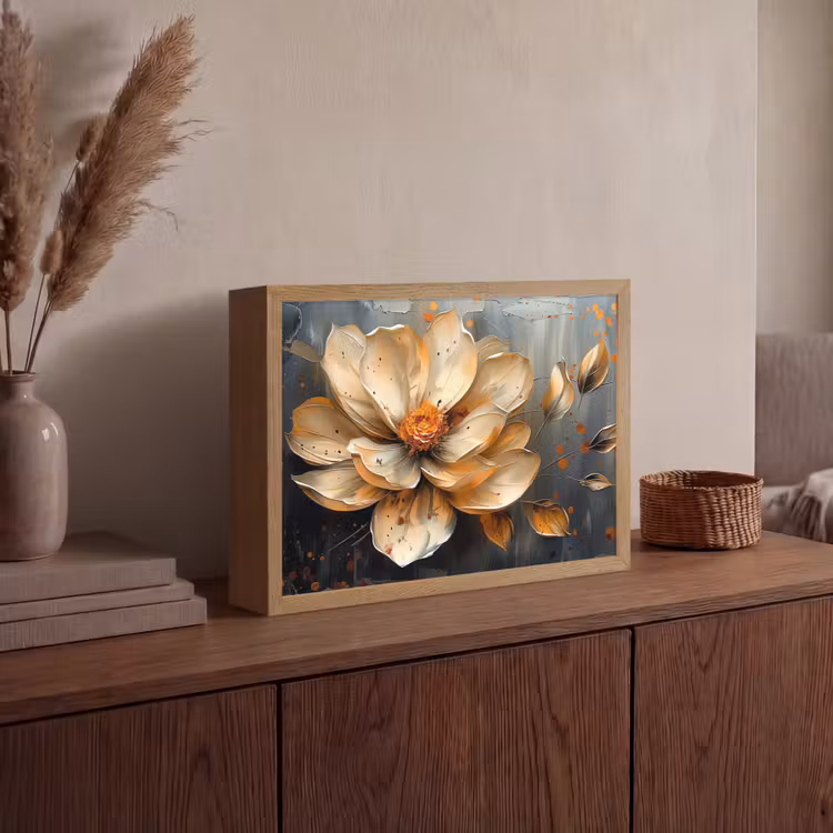 Bloemen - Goud - Kunst - Zwart - Modern Light Box met batterij (Wandlamp) middel -sfeer2