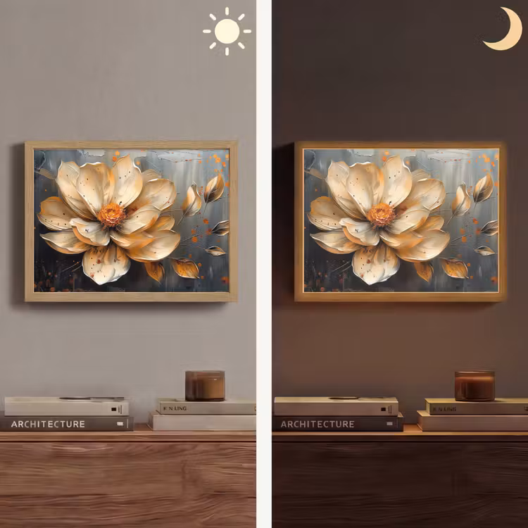 Bloemen - Goud - Kunst - Zwart - Modern Light Box met batterij (Wandlamp) middel -sfeer3