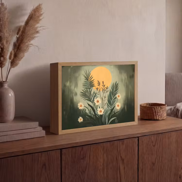 Bloemen - Bladeren - Zon - Groen Light Box met batterij (Wandlamp) middel -sfeer2