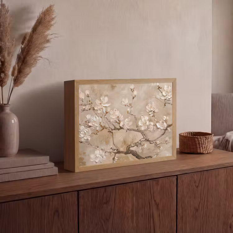 Bloemen - Modern - Beige - Wit - Bloesem Light Box met batterij (Wandlamp) middel -sfeer2