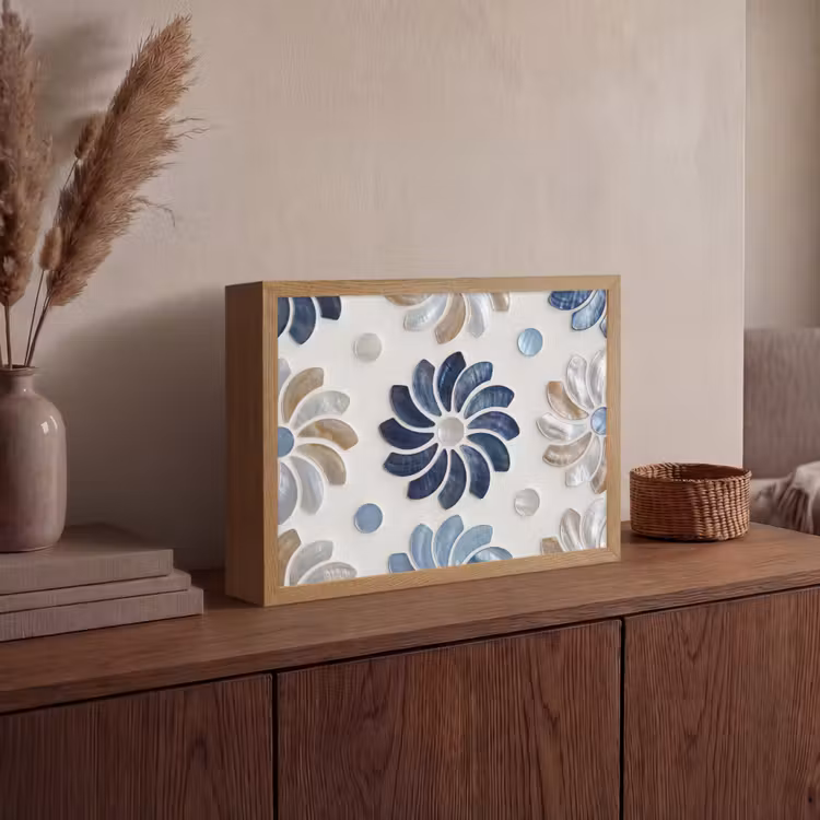 Bloemen - Parelmoer - Abstract - Patroon - Blauw Light Box met batterij (Wandlamp) middel -sfeer2