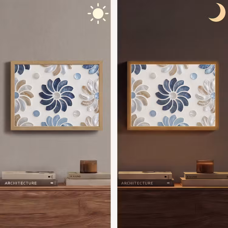 Bloemen - Parelmoer - Abstract - Patroon - Blauw Light Box met batterij (Wandlamp) middel -sfeer3