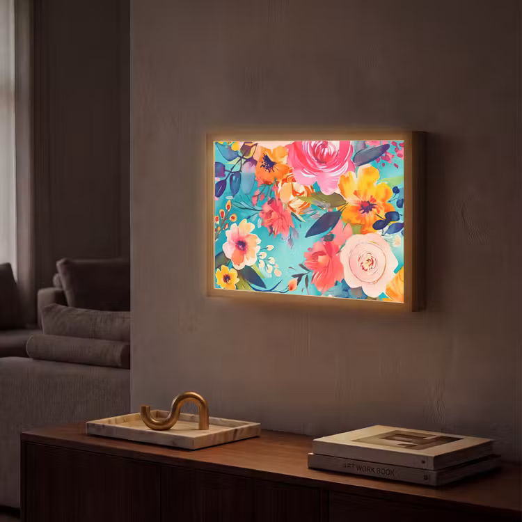 Bloemen - Olieverf - Kleurrijk - Natuur Light Box met batterij (Wandlamp) middel -sfeer1