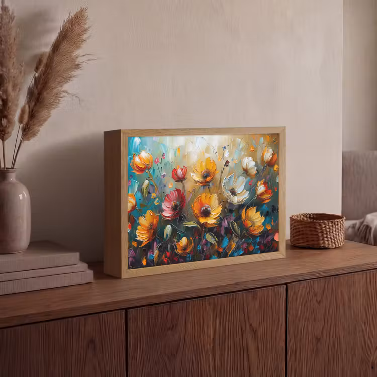 Bloemen - Verf - Kunst - Modern Light Box met batterij (Wandlamp) middel -sfeer2