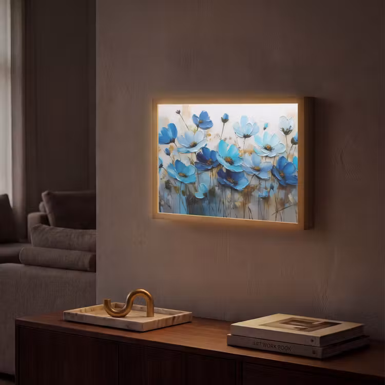 Bloemen - Schilderij - Blauw Light Box met batterij (Wandlamp) middel -sfeer1
