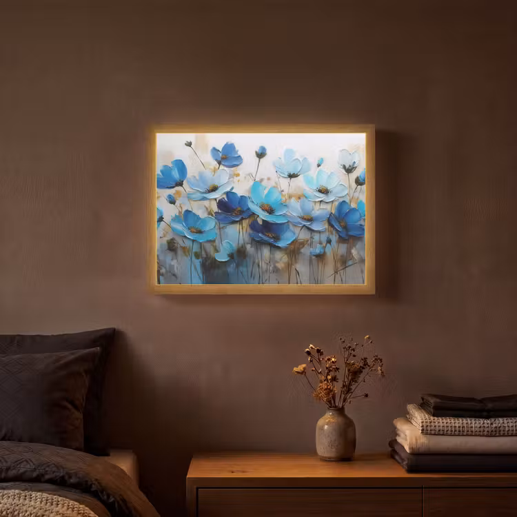 Bloemen - Schilderij - Blauw Light Box met batterij (Wandlamp) middel -sfeer4