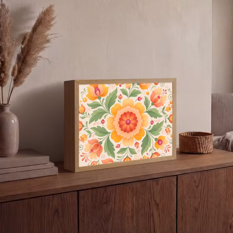 Bloemen - Patroon - Decoratief - Oranje Light Box met batterij (Wandlamp) middel -sfeer2