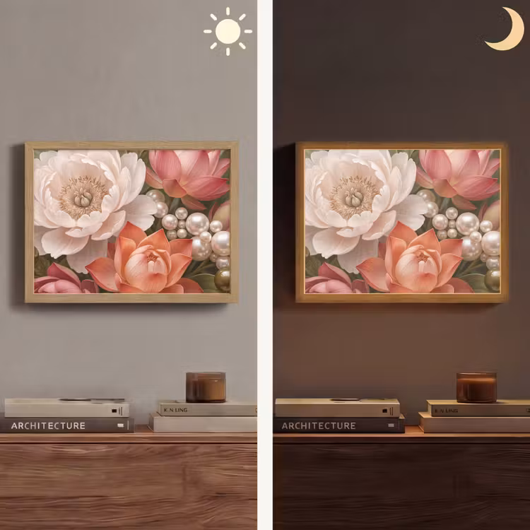 Bloemen - Parels - Elegant - Roze - Wit Light Box met batterij (Wandlamp) middel -sfeer3