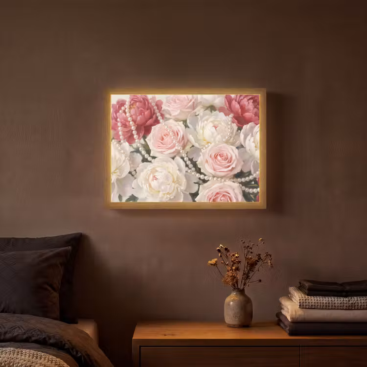 Bloemen - Parels - Romantiek - Klassiek - Roze Light Box met batterij (Wandlamp) middel -sfeer4