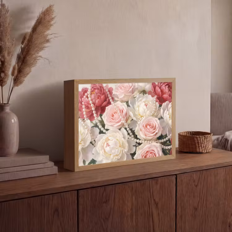Bloemen - Parels - Romantiek - Klassiek - Roze Light Box met batterij (Wandlamp) middel -sfeer2