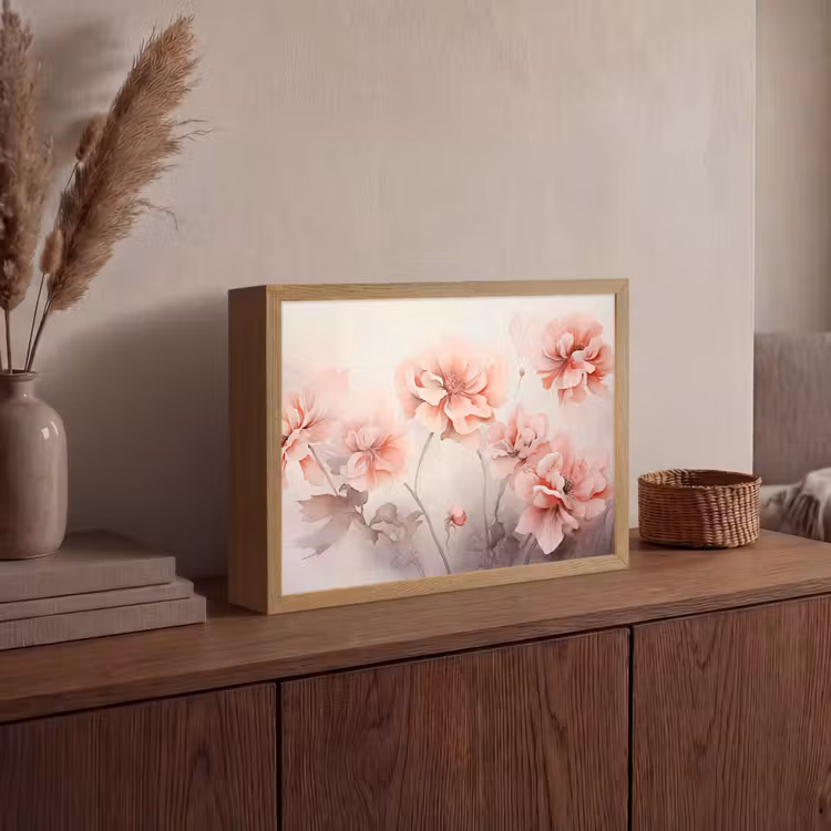 Bloemen - Roze - Kunst - Abstract - Aquarel Light Box met batterij (Wandlamp) middel -sfeer2