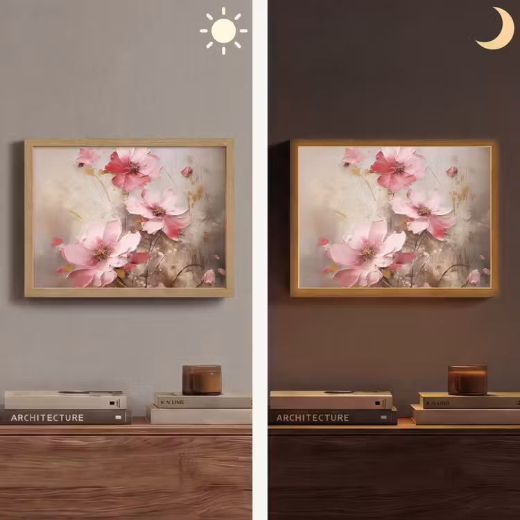 Bloemen - Roze - Kunst - Watercolor Light Box met batterij (Wandlamp) middel -sfeer3