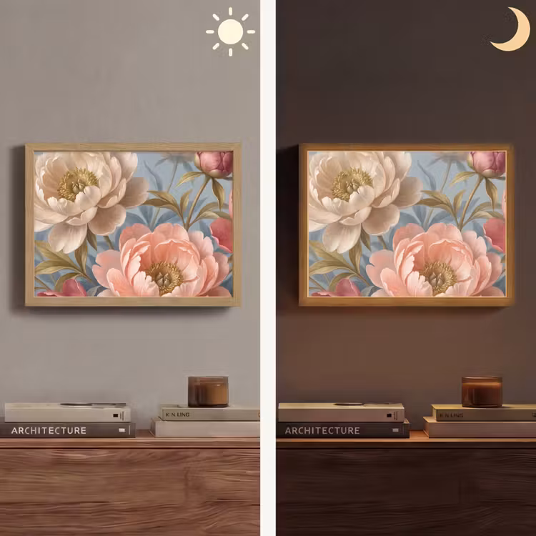 Bloemen - Roze - Beige - Modern - Natuur Light Box met batterij (Wandlamp) middel -sfeer3