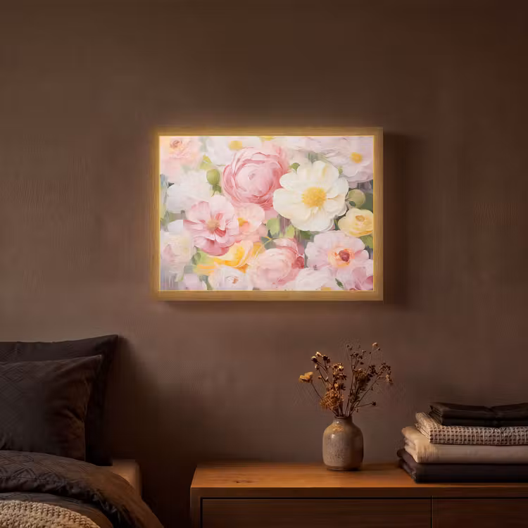 Bloemen - Roze - Botanisch - Kunst - Acrylverf Light Box met batterij (Wandlamp) middel -sfeer4