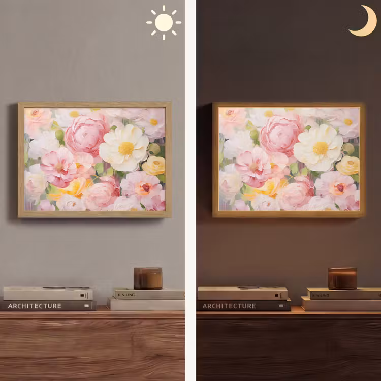 Bloemen - Roze - Botanisch - Kunst - Acrylverf Light Box met batterij (Wandlamp) middel -sfeer3