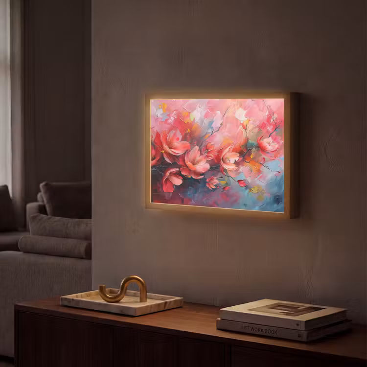 Bloemen - Roze - Natuur- Kunst - Abstract Light Box met batterij (Wandlamp) middel -sfeer1