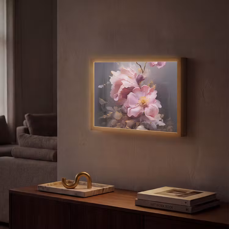 Bloemen - Roze - Stilleven - Kunst Light Box met batterij (Wandlamp) middel -sfeer1