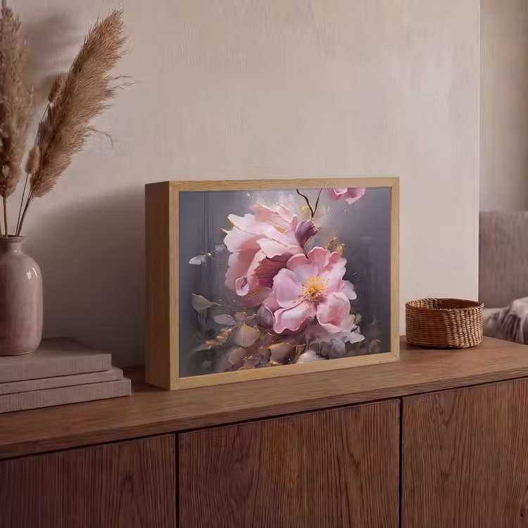 Bloemen - Roze - Stilleven - Kunst Light Box met batterij (Wandlamp) middel -sfeer2