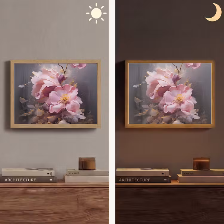 Bloemen - Roze - Stilleven - Kunst Light Box met batterij (Wandlamp) middel -sfeer3