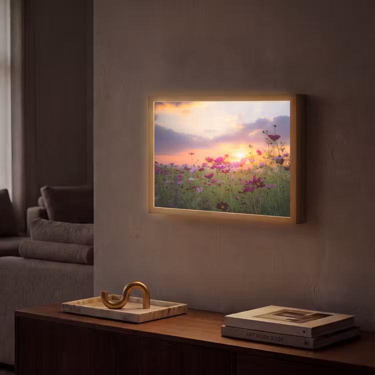 Bloemen - Roze - Zonsondergang - Natuur - Weide - Horizon Light Box met batterij (Wandlamp) middel -sfeer1