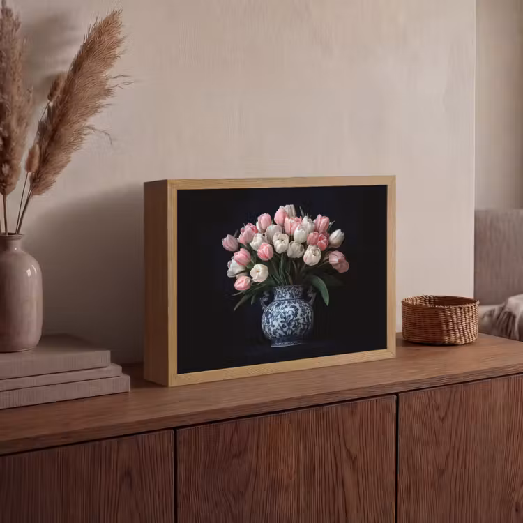 Bloemen - Roze - Tulpen - Vaas Light Box met batterij (Wandlamp) middel -sfeer2