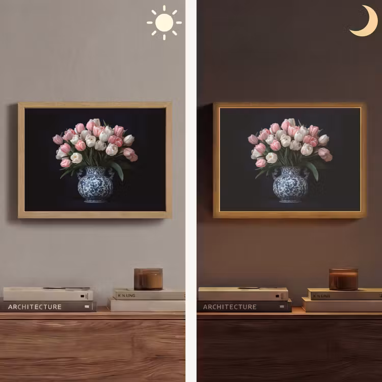 Bloemen - Roze - Tulpen - Vaas Light Box met batterij (Wandlamp) middel -sfeer3