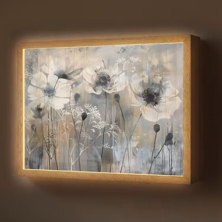 Bloemen - Planten - Grijs - Abstract Light Box met batterij (Wandlamp) middel -z3d_website