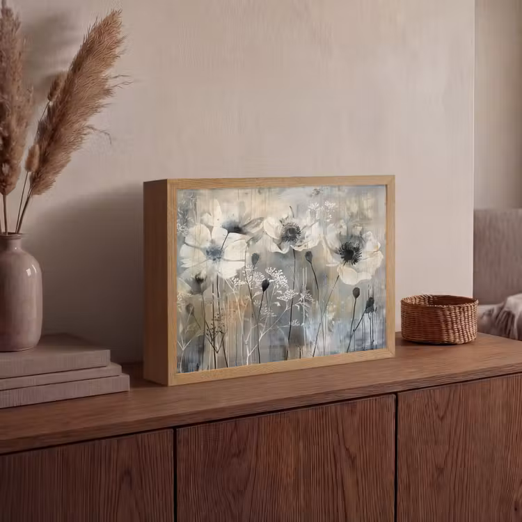 Bloemen - Planten - Grijs - Abstract Light Box met batterij (Wandlamp) middel -sfeer2