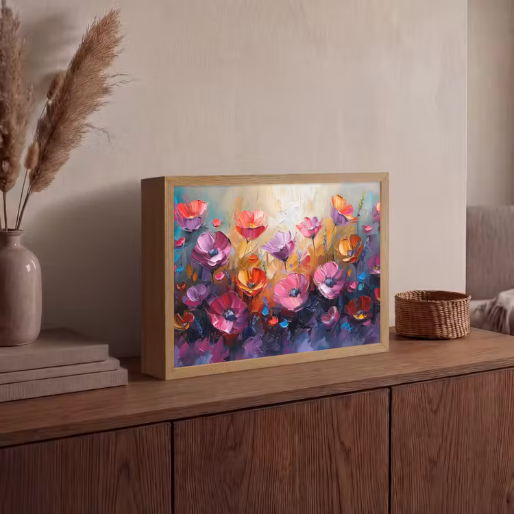 Bloemen - Paars - Kleurrijk - Handgeschilderd - Kunst Light Box met batterij (Wandlamp) middel -sfeer2