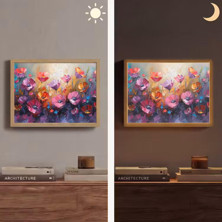 Bloemen - Paars - Kleurrijk - Handgeschilderd - Kunst Light Box met batterij (Wandlamp) middel -sfeer3