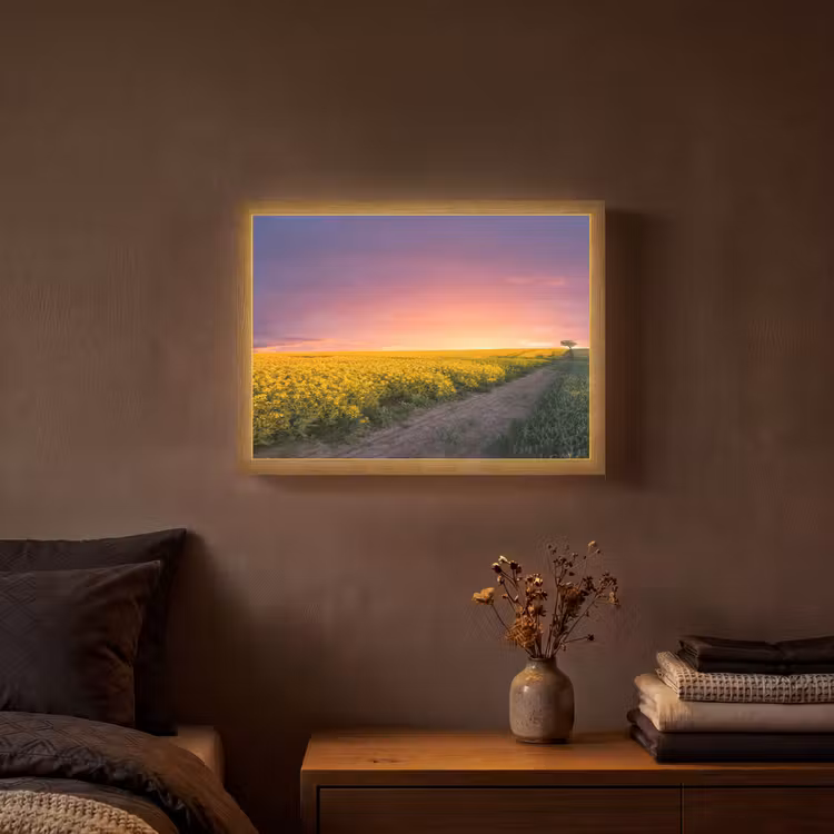Bloemen - Weg - Lucht - Geel - Paars - Zonsondergang - Natuur Light Box met batterij (Wandlamp) middel -sfeer4