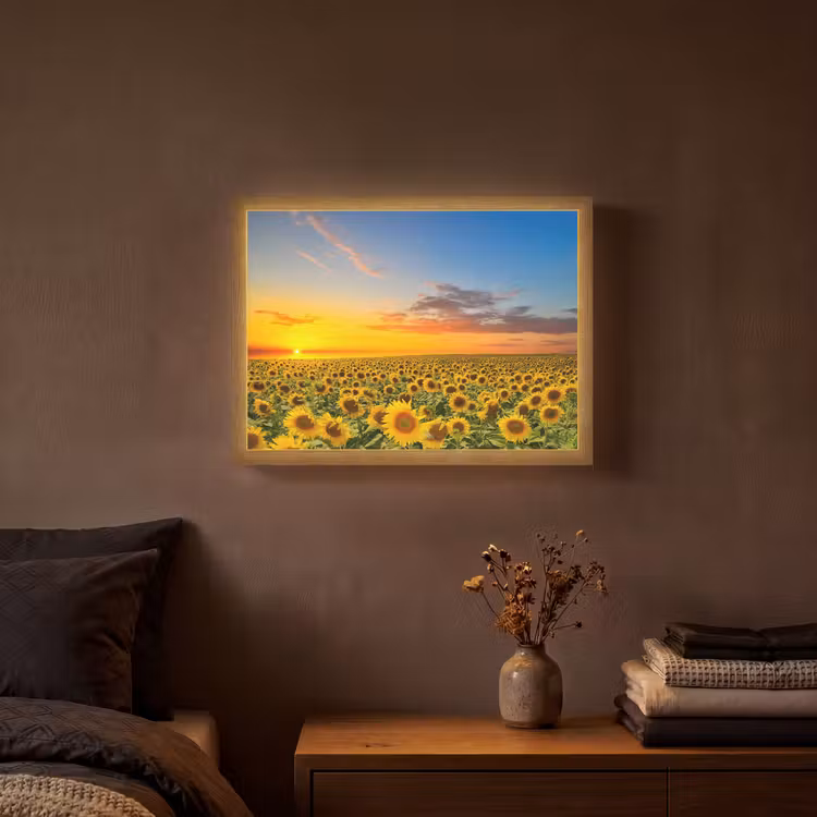 Bloemen - Zonnebloem - Zonsondergang - Nacht - Oranje Light Box met batterij (Wandlamp) middel -sfeer4