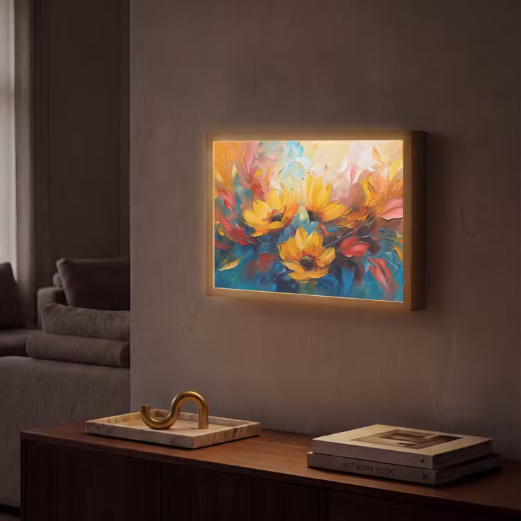 Bloemen - Zonnebloemen - Kunst - Geel Light Box met batterij (Wandlamp) middel -sfeer1