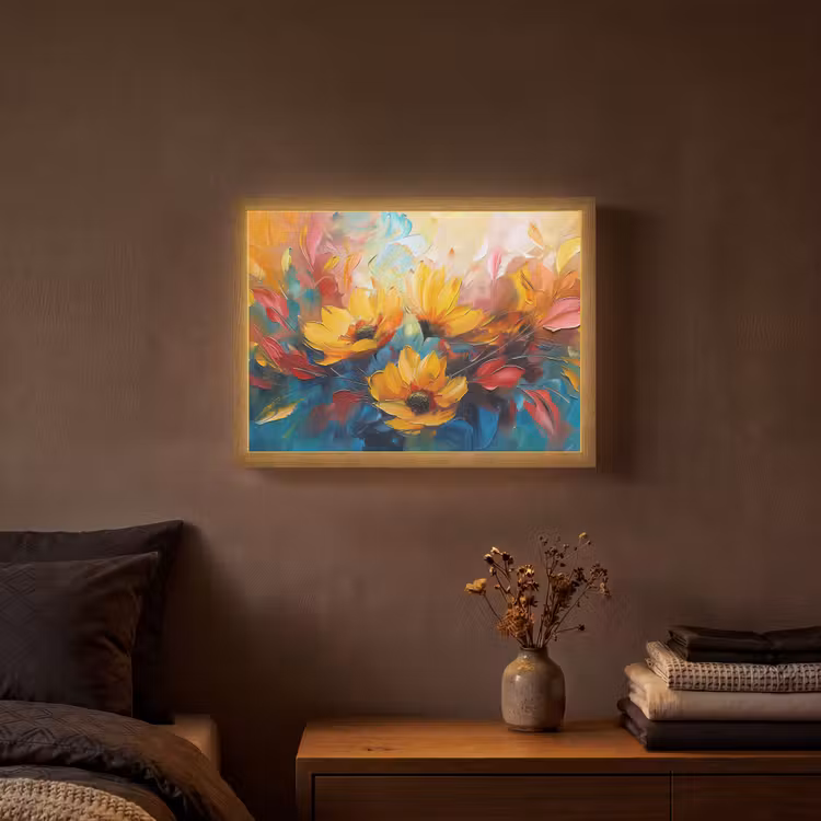 Bloemen - Zonnebloemen - Kunst - Geel Light Box met batterij (Wandlamp) middel -sfeer4