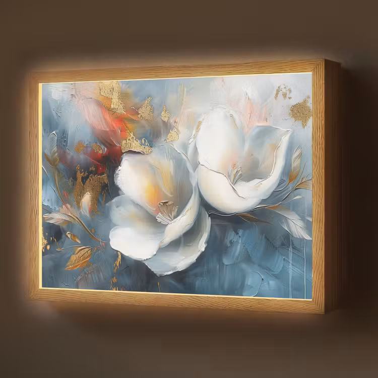 Bloemen - Wit - Goud - Kunst - Abstract Light Box met batterij (Wandlamp) middel -z3d_website