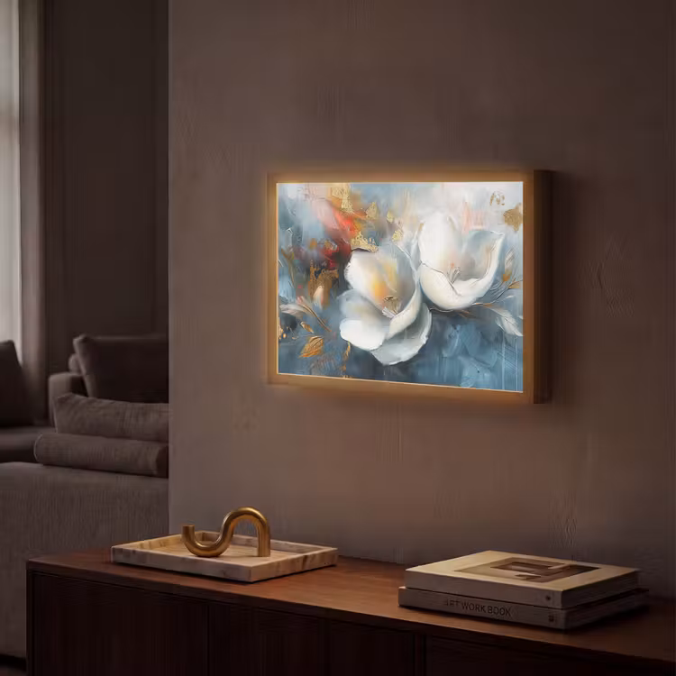 Bloemen - Wit - Goud - Kunst - Abstract Light Box met batterij (Wandlamp) middel -sfeer1