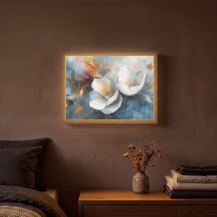 Bloemen - Wit - Goud - Kunst - Abstract Light Box met batterij (Wandlamp) middel -sfeer4