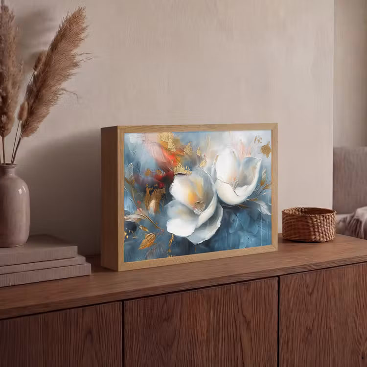 Bloemen - Wit - Goud - Kunst - Abstract Light Box met batterij (Wandlamp) middel -sfeer2