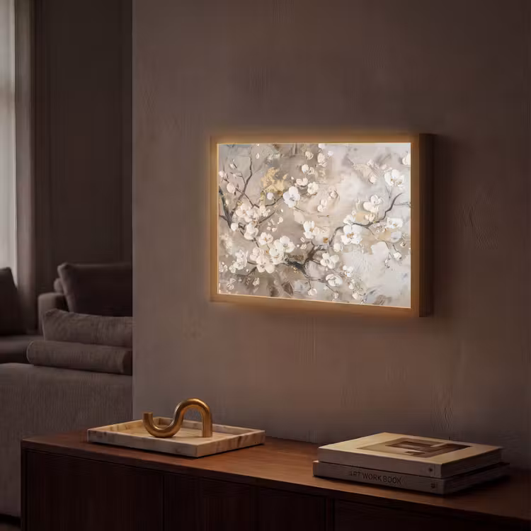 Bloemen - Wit - Goud - Beige - Luxe Light Box met batterij (Wandlamp) middel -sfeer1