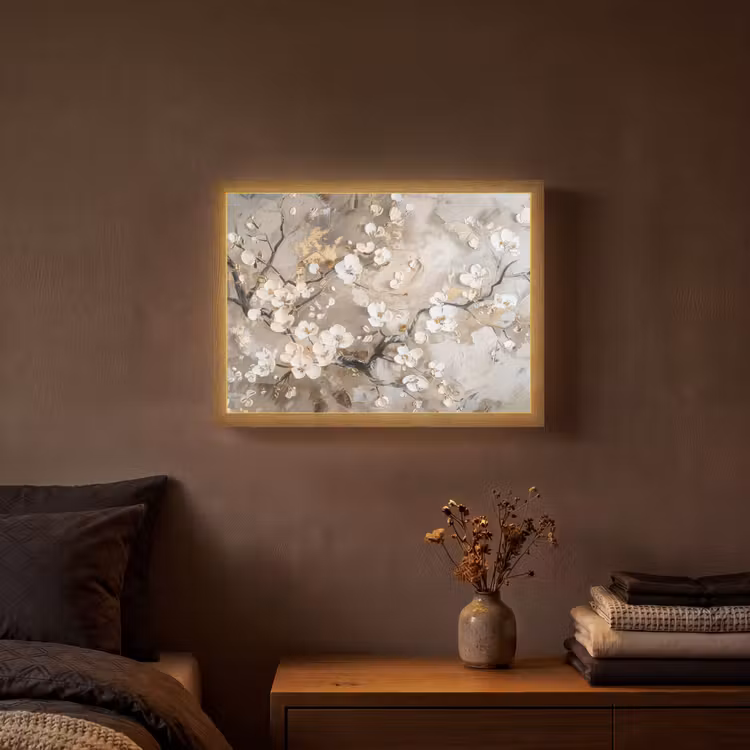 Bloemen - Wit - Goud - Beige - Luxe Light Box met batterij (Wandlamp) middel -sfeer4