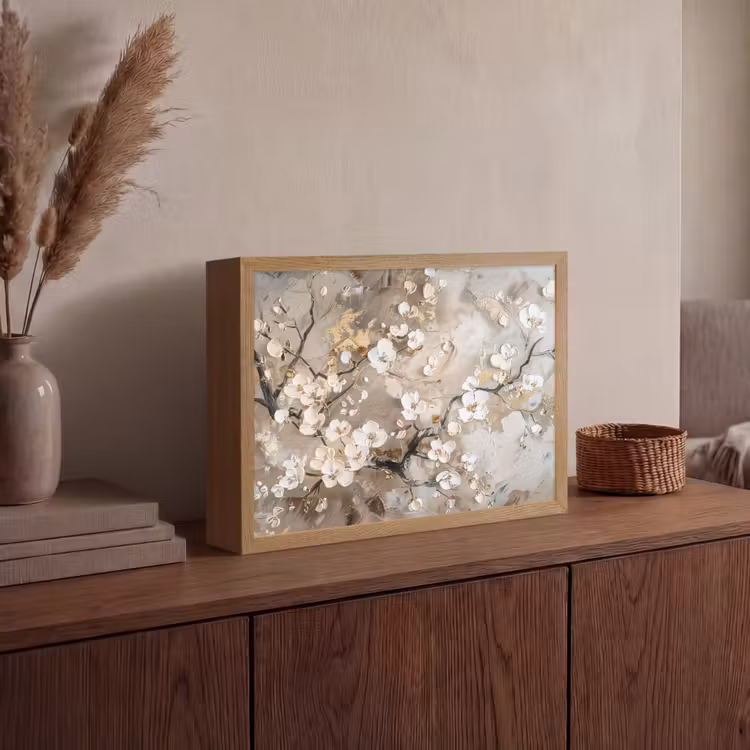 Bloemen - Wit - Goud - Beige - Luxe Light Box met batterij (Wandlamp) middel -sfeer2