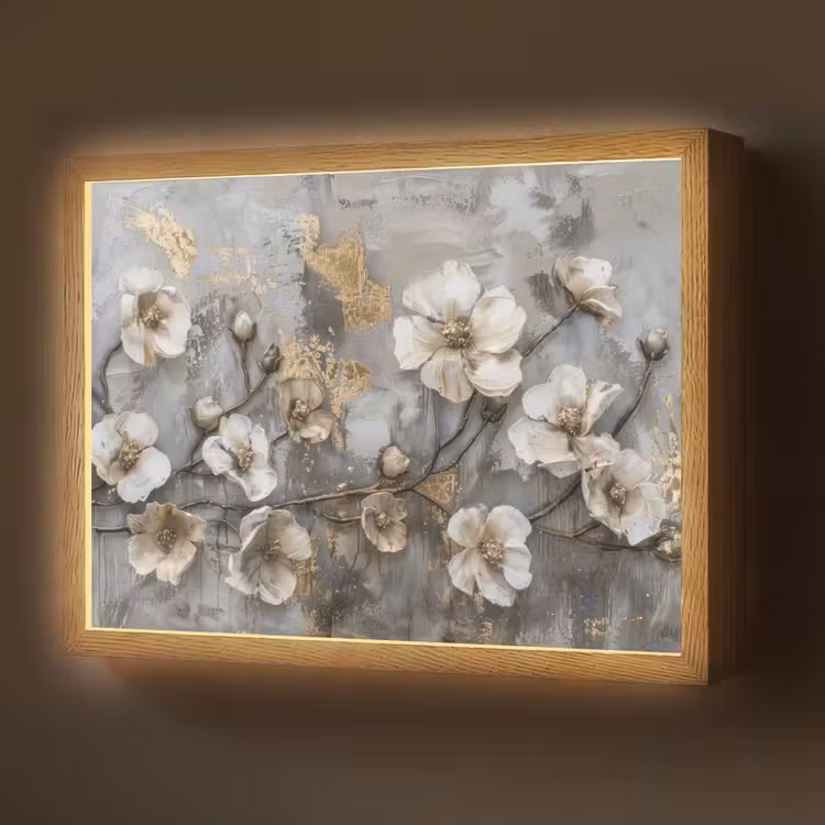 Bloemen - Wit - Grijs - Goud - Luxe Light Box met batterij (Wandlamp) middel -z3d_website