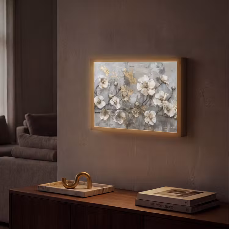 Bloemen - Wit - Grijs - Goud - Luxe Light Box met batterij (Wandlamp) middel -sfeer1