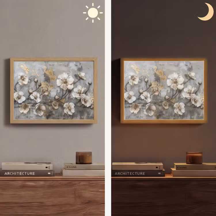 Bloemen - Wit - Grijs - Goud - Luxe Light Box met batterij (Wandlamp) middel -sfeer3