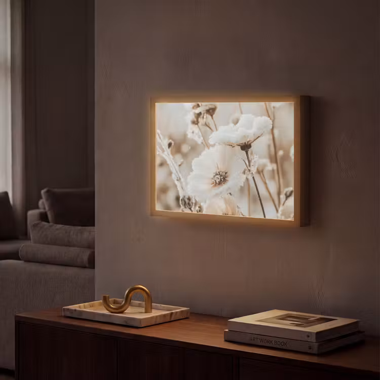 Bloemen - Winter - Wit - Sneeuw - Beige Light Box met batterij (Wandlamp) middel -sfeer1