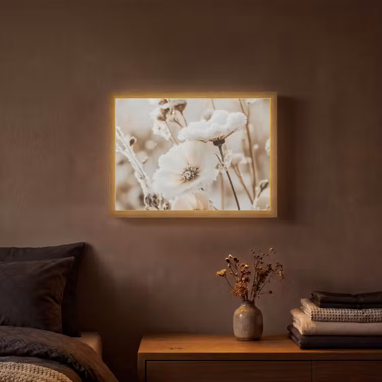 Bloemen - Winter - Wit - Sneeuw - Beige Light Box met batterij (Wandlamp) middel -sfeer4