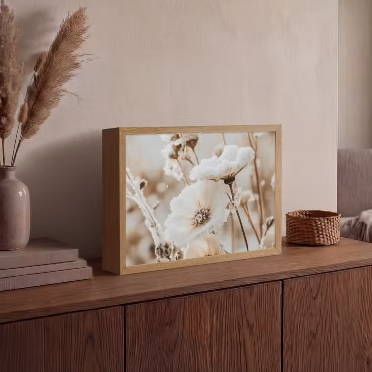 Bloemen - Winter - Wit - Sneeuw - Beige Light Box met batterij (Wandlamp) middel -sfeer2