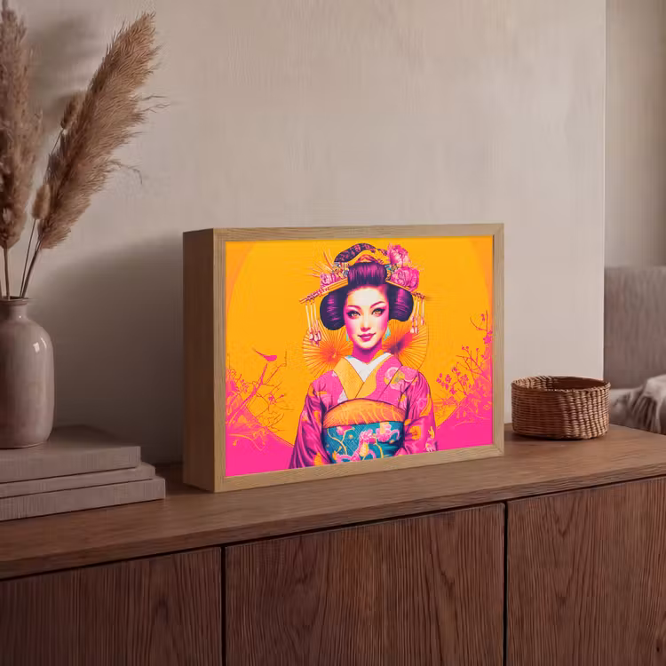 Bloemen - Vrouw - Kimono - Roze Light Box met batterij (Wandlamp) middel -sfeer2