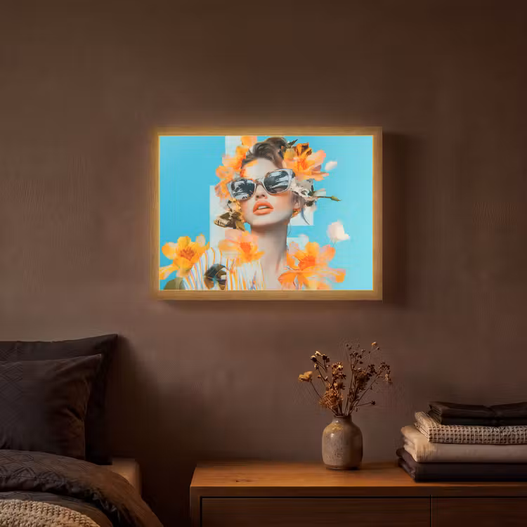 Bloemen - Vrouw - Zonnebril - Blauw Light Box met batterij (Wandlamp) middel -sfeer4